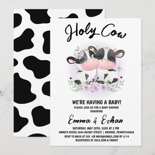 Invitación El género de las vacas sagradas revela Baby Shower (Anverso / Reverso)