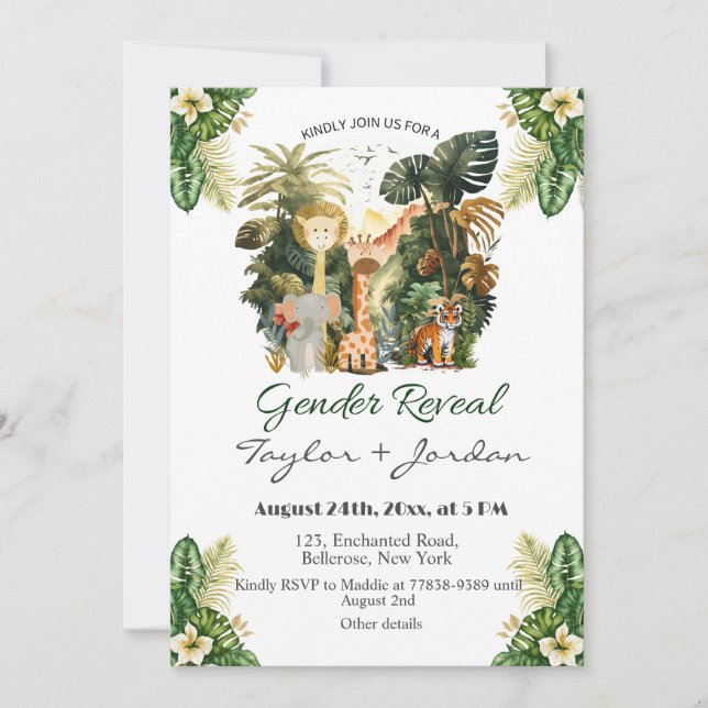 Invitación El género de los animales de la selva boho revela  (Anverso)