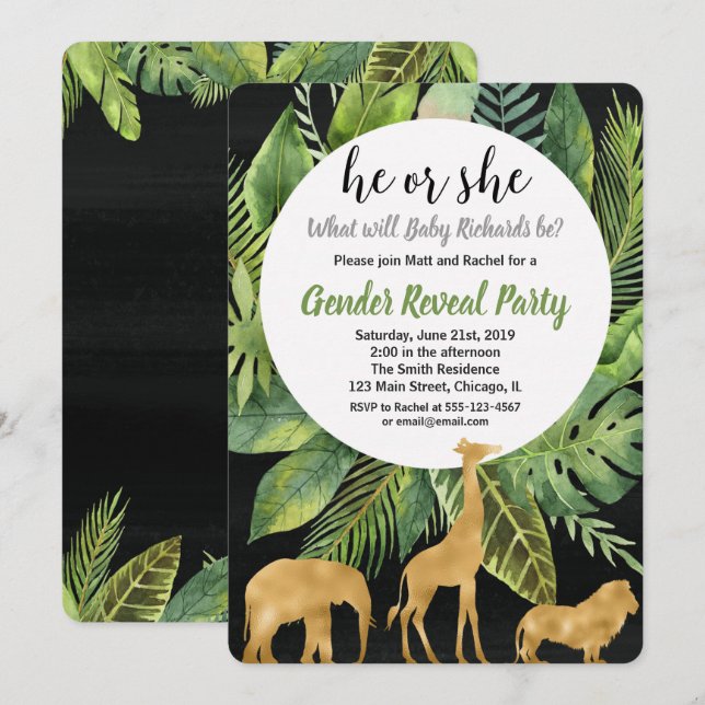 Invitación El género de los animales de la selva safari revel (Anverso / Reverso)