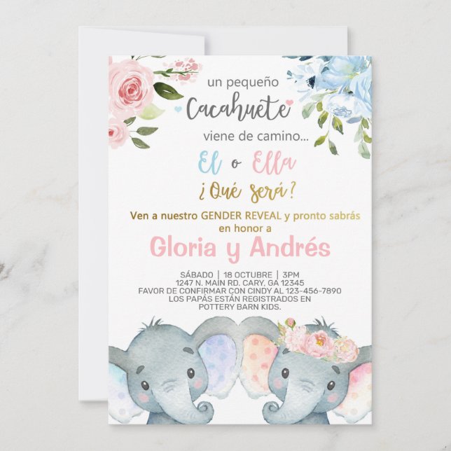 Invitación El género de los elefantes revela la invitación, e (Anverso)