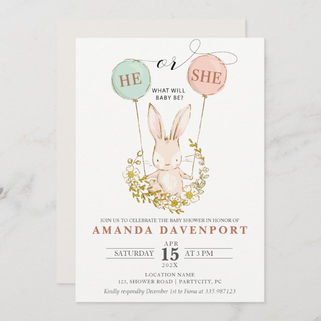 Invitación El género de los globos de conejo revela invitació (Anverso / Reverso)