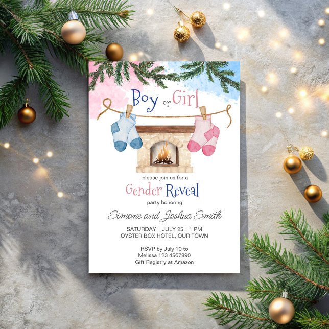 Invitación El género de los Navidades de invierno de los calc (Baby socks winter Christmas gender reveal pink blue Invitation template)