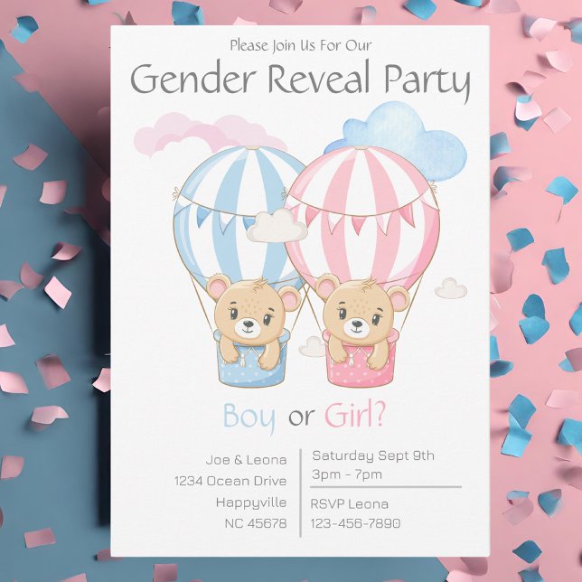 Invitación El género de los osos y globos revela la invitació (Bears and Balloons Gender Reveal Party Invitation. Pink and Blue.)