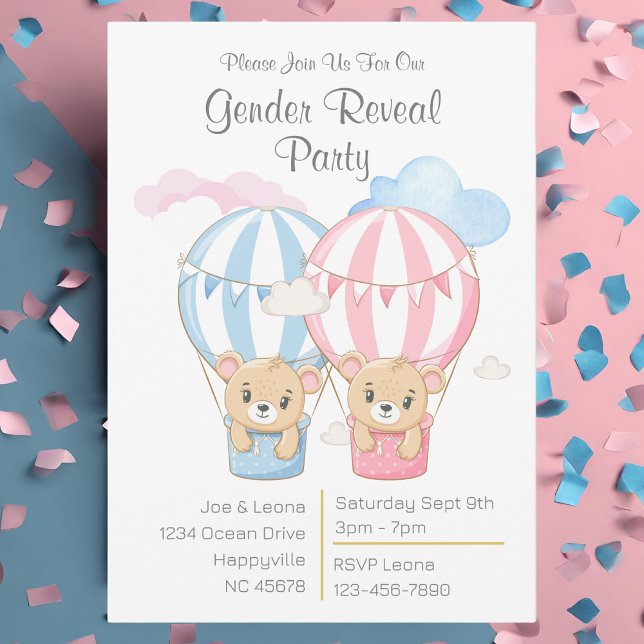 Invitación El género de los osos y globos revela la invitació (Bear & Balloons pink and blue gender reveal party invitation)
