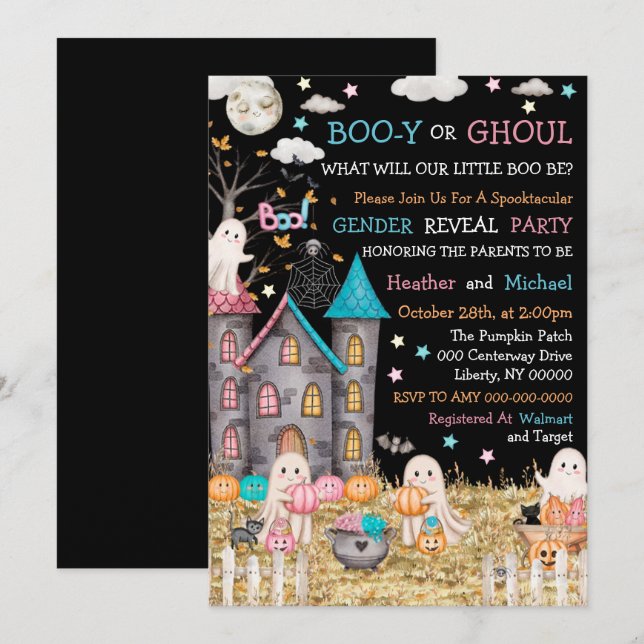 Invitación El género de Pastel Halloween revela Baby Shower (Anverso / Reverso)