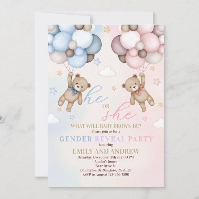 Invitación El género de Teddy Bear revela Baby Shower (Anverso)