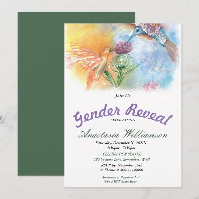 INVITACIÓN EL GÉNERO DEL BEBÉ DE LOS COLIBRÍES REVELA LA (Anverso / Reverso)