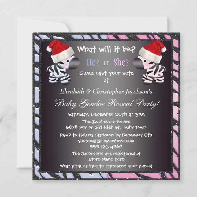 Invitación El género del bebé del navidad revela cebras y el (Anverso)