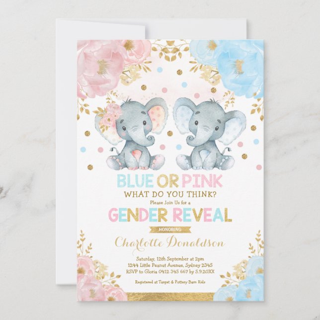 Invitación El género del elefante azul o rosa revela Baby Sho (Anverso)