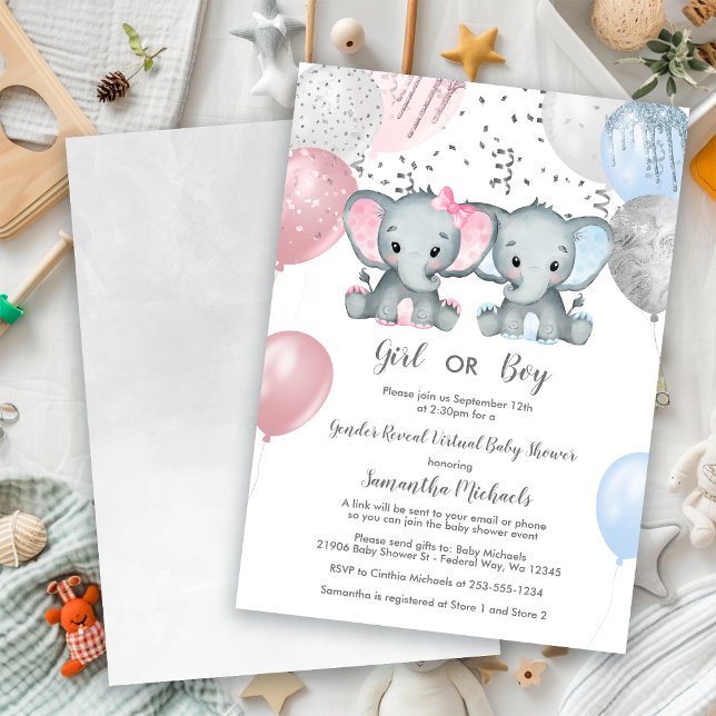 Invitación El género del elefante revela el Baby Shower virtu (Elephant Gender Reveal Balloon Virtual Baby Shower Invitation)