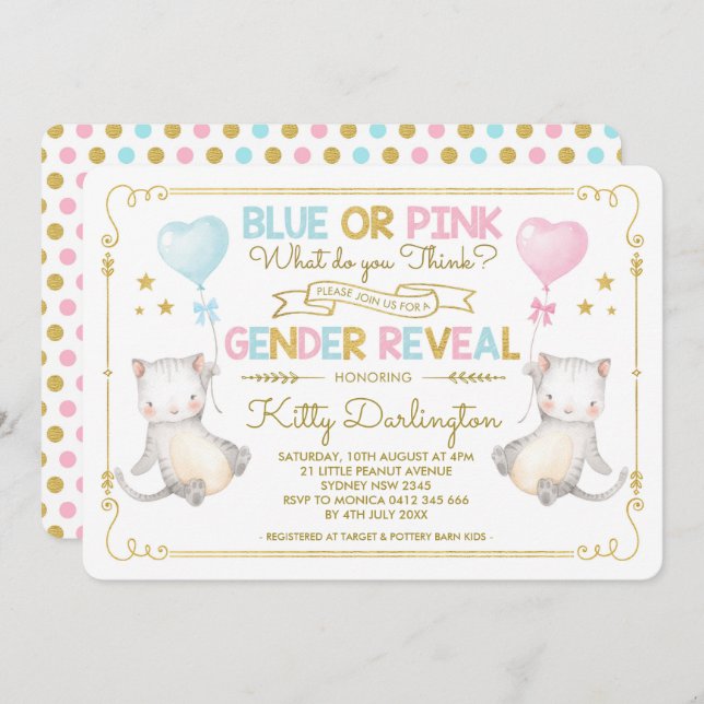 Invitación El género del gato revela a un niño o Chica de Bab (Anverso / Reverso)