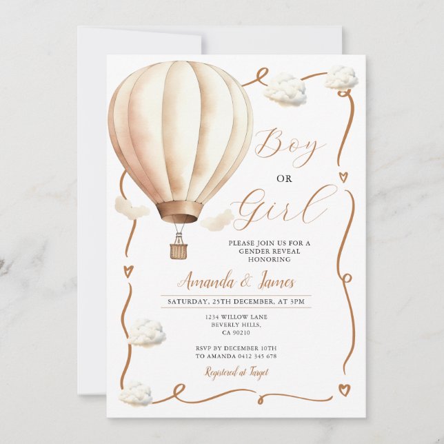 Invitación El género del globo aerostático beige revela el pa (Anverso)