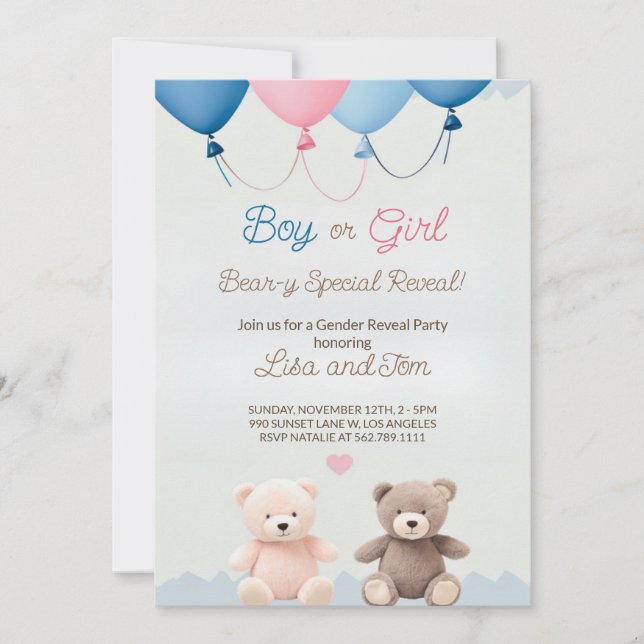 Invitación El género del osito de peluche lindo revela la inv (Anverso)