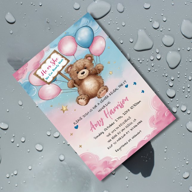 Invitación El género del oso revela Baby Shower rosa y azul (Subido por el creador)