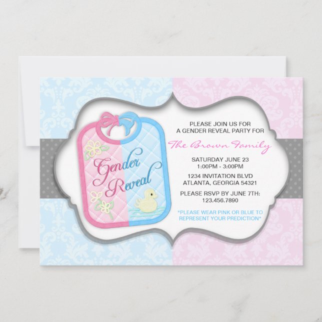 Invitación El género elegante del babero del bebé del damasco (Anverso)