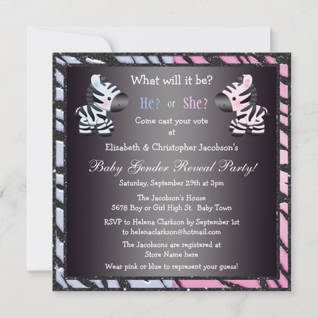 Invitación El género elegante del bebé revela cebras y el (Anverso)