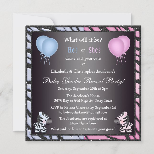 Invitación El género elegante del bebé revela cebras y los (Anverso)
