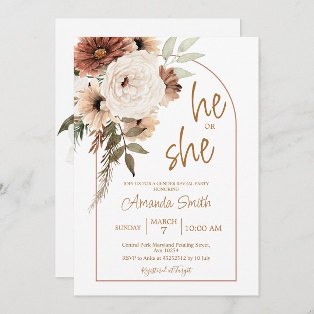 Invitación El género floral arch boho revela que (Anverso / Reverso)