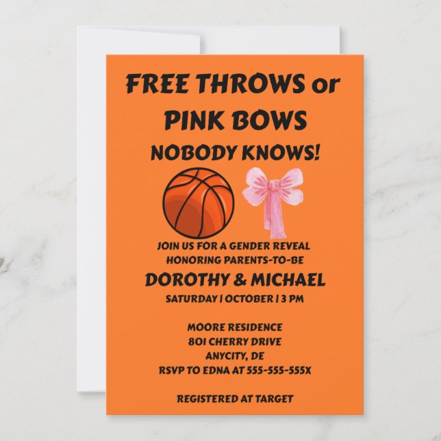 Invitación El género Free Throws o Pink Bows revela fiesta (Anverso)