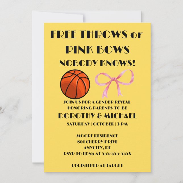 Invitación El género Free Throws o Pink Bows revela fiesta (Anverso)