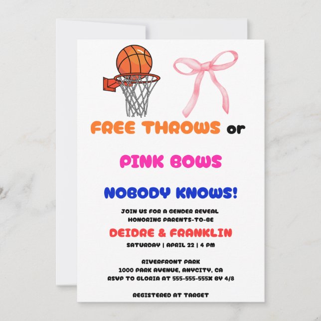 Invitación El género Free Throws o Pink Bows revela fiesta (Anverso)