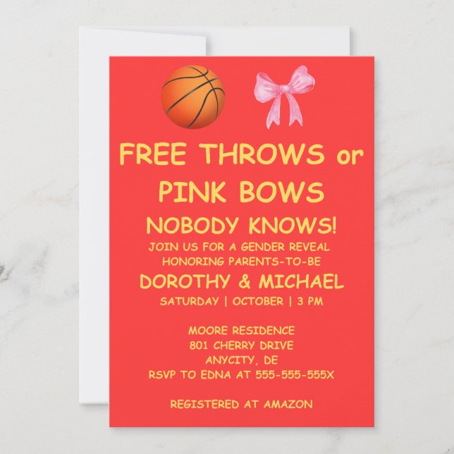 Invitación El género Free Throws o Pink Bows revela fiesta (Anverso)