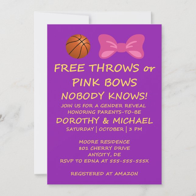 Invitación El género Free Throws o Pink Bows revela fiesta (Anverso)