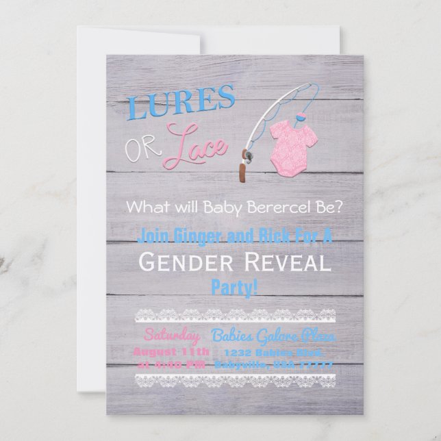 Invitación El género Lures o Lace Wooden revela Baby Shower (Anverso)