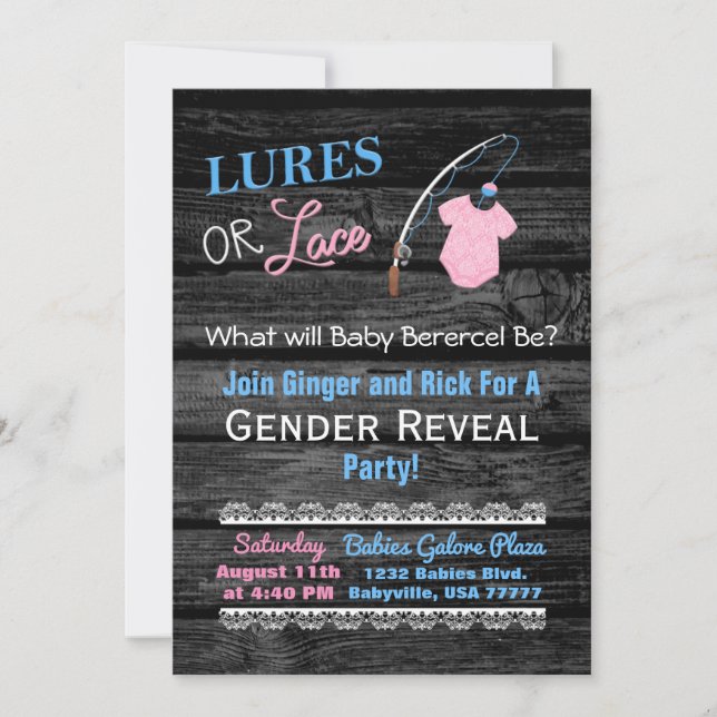 Invitación El género Lures o Lace Wooden revela Baby Shower (Anverso)