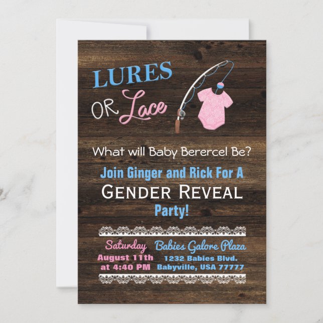 Invitación El género Lures o Lace Wooden revela Baby Shower (Anverso)
