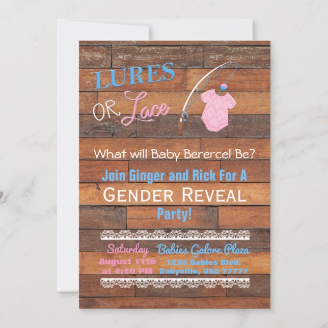 Invitación El género Lures o Lace Wooden revela Baby Shower (Anverso)