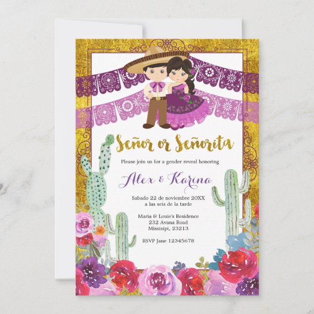 Invitación El género mexicano revela morado cactus floral (Anverso)