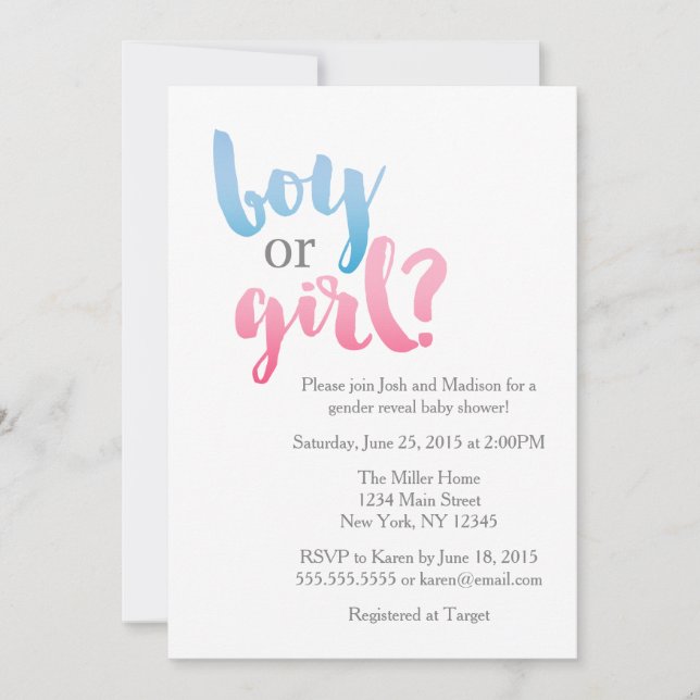 Invitación El género moderno azul y rosa revela Baby Shower (Anverso)
