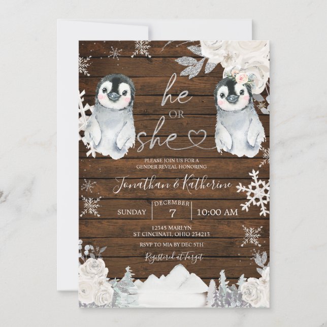 Invitación El género Pingüino de Madera de Invierno revela (Anverso)
