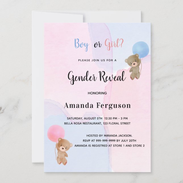 Invitación El género revela al oso de peluche chica de niño a (Anverso)