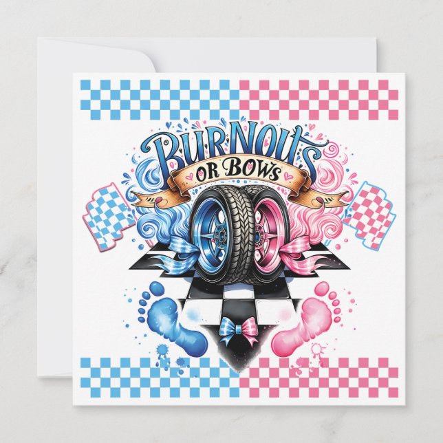 Invitación El género revela arcos y neumáticos rosados y azul (Anverso)