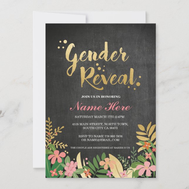 Invitación El género revela Baby Shower invita a negro floral (Anverso)