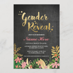 Invitación El género revela Baby Shower invita a negro floral