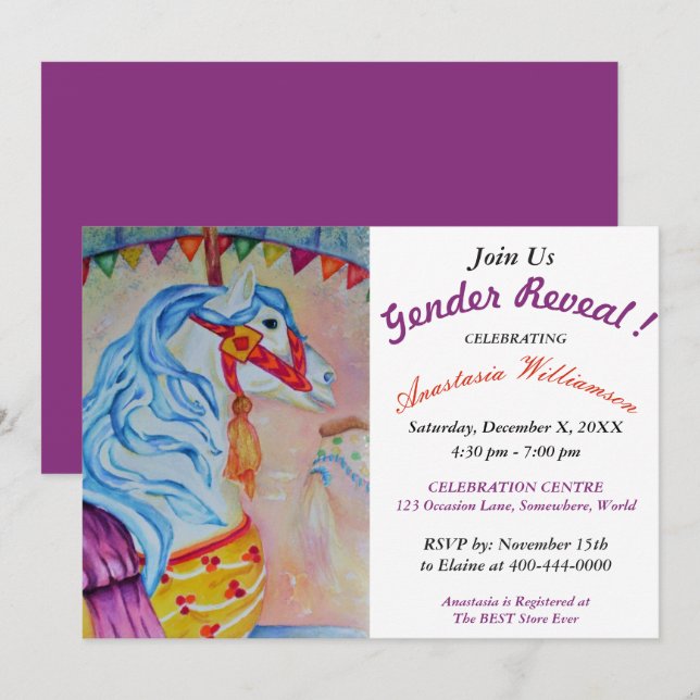INVITACIÓN EL GÉNERO REVELA EL CABALLO COLORIDO DEL CARRUSEL (Anverso / Reverso)