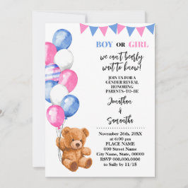 Invitación El género revela el oso globo rosa y azul