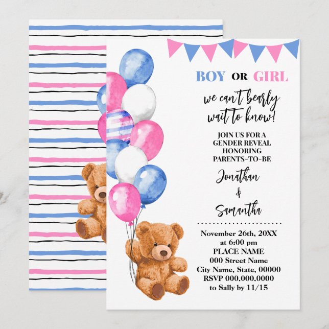 Invitación El género revela el oso globo rosa y azul (Anverso / Reverso)