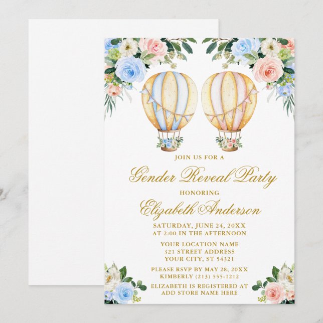 Invitación El género revela globos de aire caliente azul rosa (Anverso / Reverso)