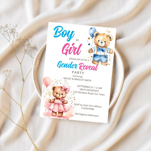 Invitación El género revela un lindo oso de peluche o una pla (Gender reveal template invitation digital download cute teddy bear girl and boy balloons he or she)