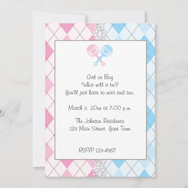 Invitación El género rosado y azul de Argyle revela la (Anverso)