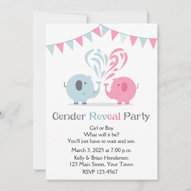 Invitación El género rosado y azul de los elefantes revela la (Anverso)