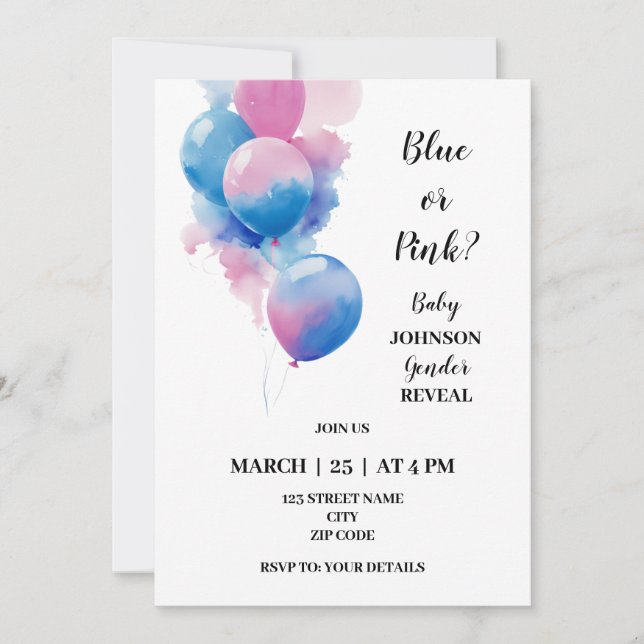 Invitación El género temático de los globos revela (Anverso)