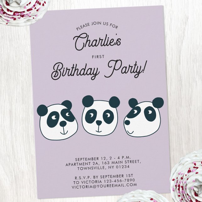 Invitación El gigante dulce Panda lleva su primera fiesta de  (Cute panda bear themed personalized first birthday party invitation)