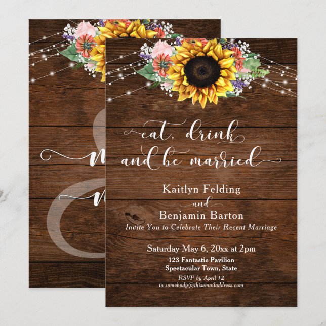 Invitación El girasol de madera rústica se toma y se casa (Anverso / Reverso)