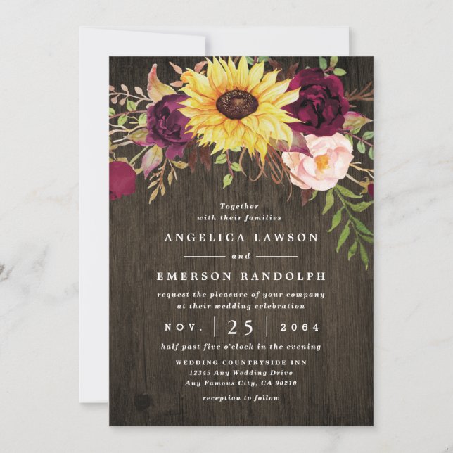 Invitación El girasol rojo borgoña roza a Boda de madera rúst (Anverso)