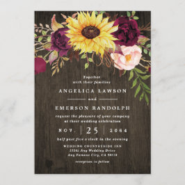 Invitación El girasol rojo borgoña roza a Boda de madera rúst